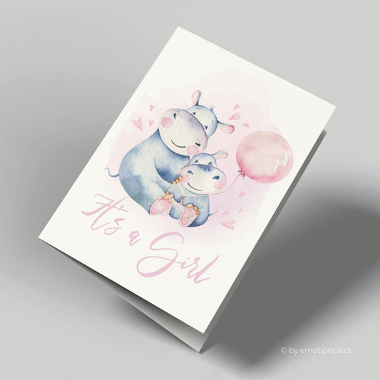 Geburtskarte | Happy Hippo & Baby mit Ballon | It´s a girl