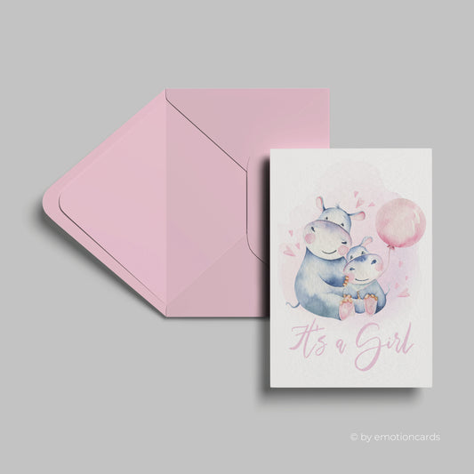 Geburtskarte | Happy Hippo & Baby mit Ballon | It´s a girl