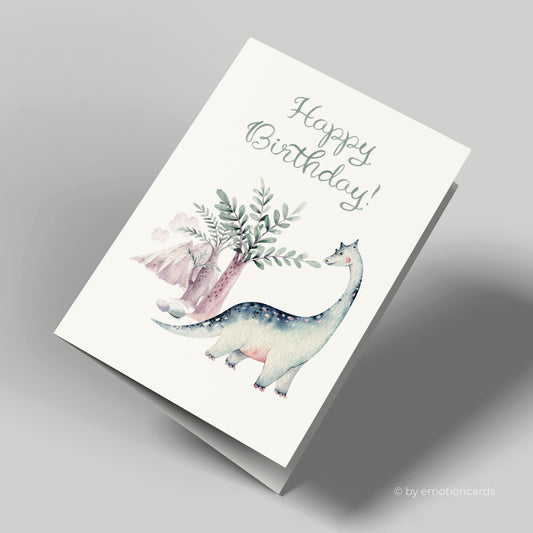 Geburtstagskarte | Happy Birthday | Süßer Dinosaurier und Palmen