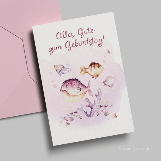 Geburtstagskarte | Alles Gute zum Geburtstag | Lustiger Kugelfisch mit Koralle rosa