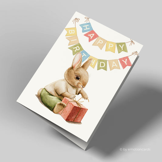 Geburtstagskarte | Happy Birthday Girlande | Baby Hase mit Geschenk