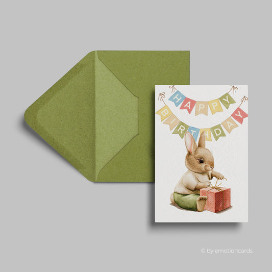 Geburtstagskarte | Happy Birthday Girlande | Baby Hase mit Geschenk