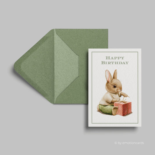 Glückwunschkarte | Geburtstagskarte | Happy Birthday | Zum Geburtstag | Süßer Hase packt Geschenk aus | Klappkarte mit Umschlag | Aquarell