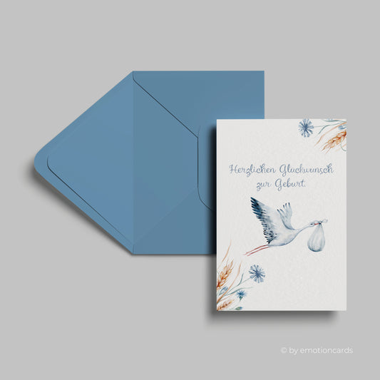 Geburtskarte | Storch bringt Baby | Junge | mit Kornblumen