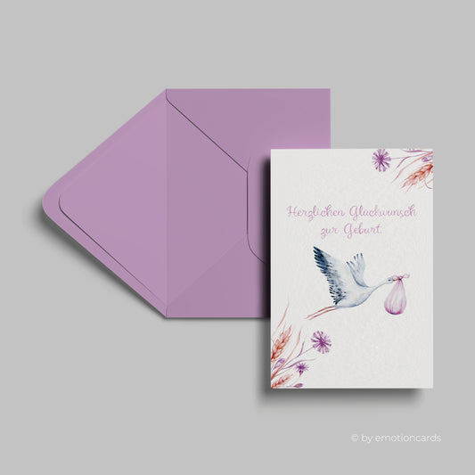 Geburtskarte | Storch bringt Baby | Mädchen | mit Kornblumen