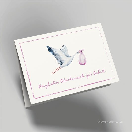 Glückwunschkarte zur Geburt - Storch bringt Baby - Mädchen