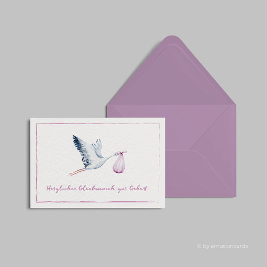 Glückwunschkarte zur Geburt - Storch bringt Baby - Mädchen