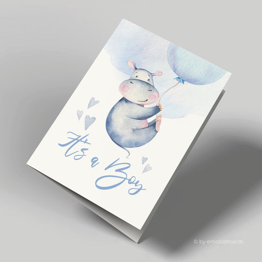 Geburtskarte | Happy Hippo Ballon mit Herzen | It´s a boy