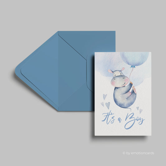 Geburtskarte | Happy Hippo Ballon mit Herzen | It´s a boy