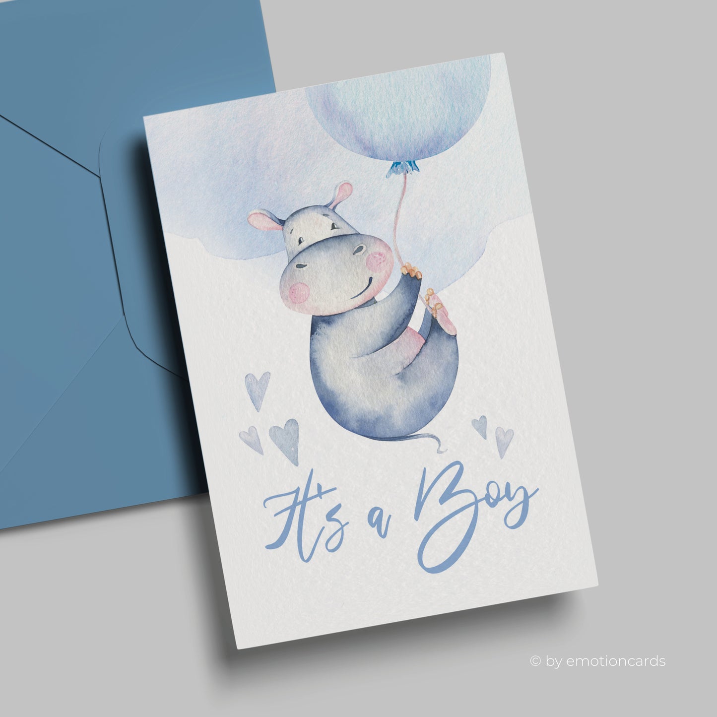 Geburtskarte | Happy Hippo Ballon mit Herzen | It´s a boy