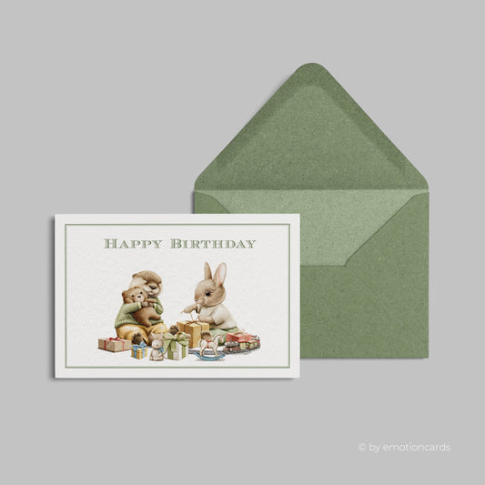 Geburtstagskarte | Happy Birthday Biber und Hase packen Geschenke aus