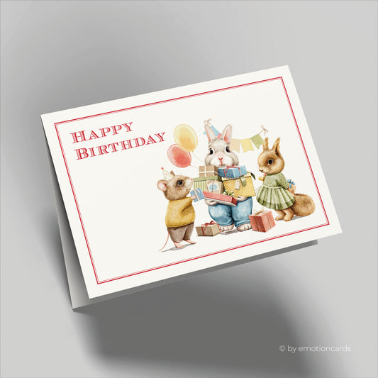 Geburtstagskarte | Happy Birthday Partycrew Maus, Hase & Eichhörnchen