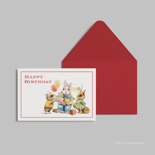 Geburtstagskarte | Happy Birthday Partycrew Maus, Hase & Eichhörnchen