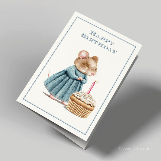 Geburtstagskarte | Maus bläst Kerze aus- Cupcake