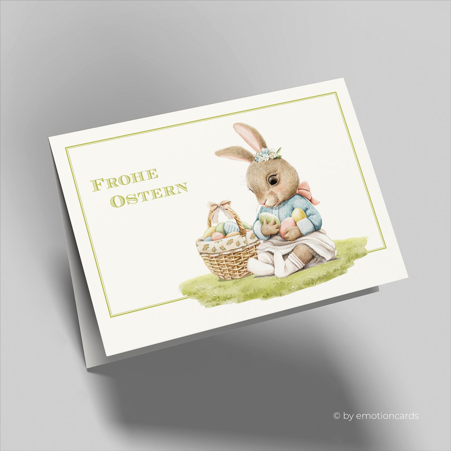 Süße Osterkarte (Klappkarte) | Baby Hase mit Osterkorb und Ostereiern | Premium-Karton | Inkl. Umschlag | Große Karte (115mm x 170mm)