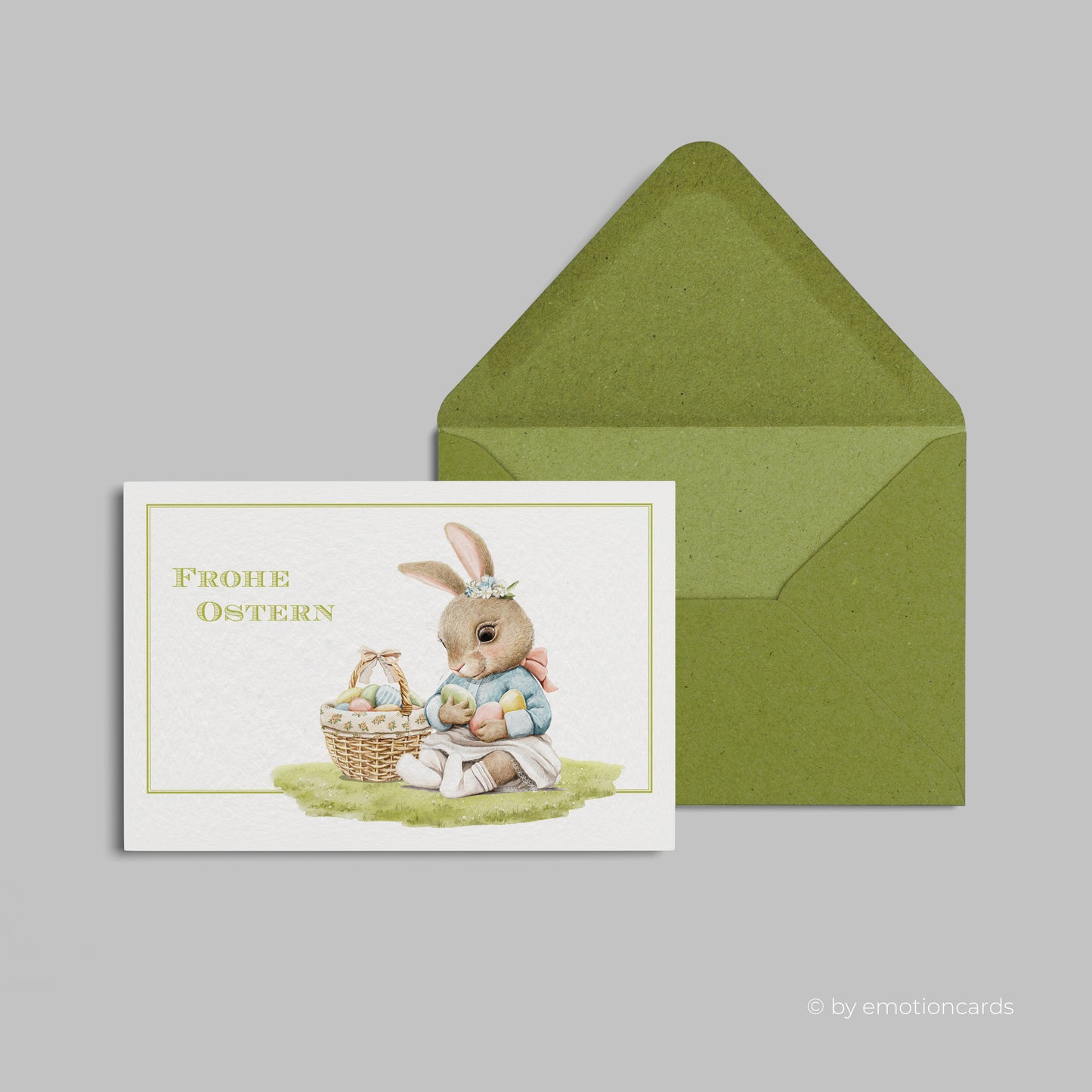 Süße Osterkarte (Klappkarte) | Baby Hase mit Osterkorb und Ostereiern | Premium-Karton | Inkl. Umschlag | Große Karte (115mm x 170mm)