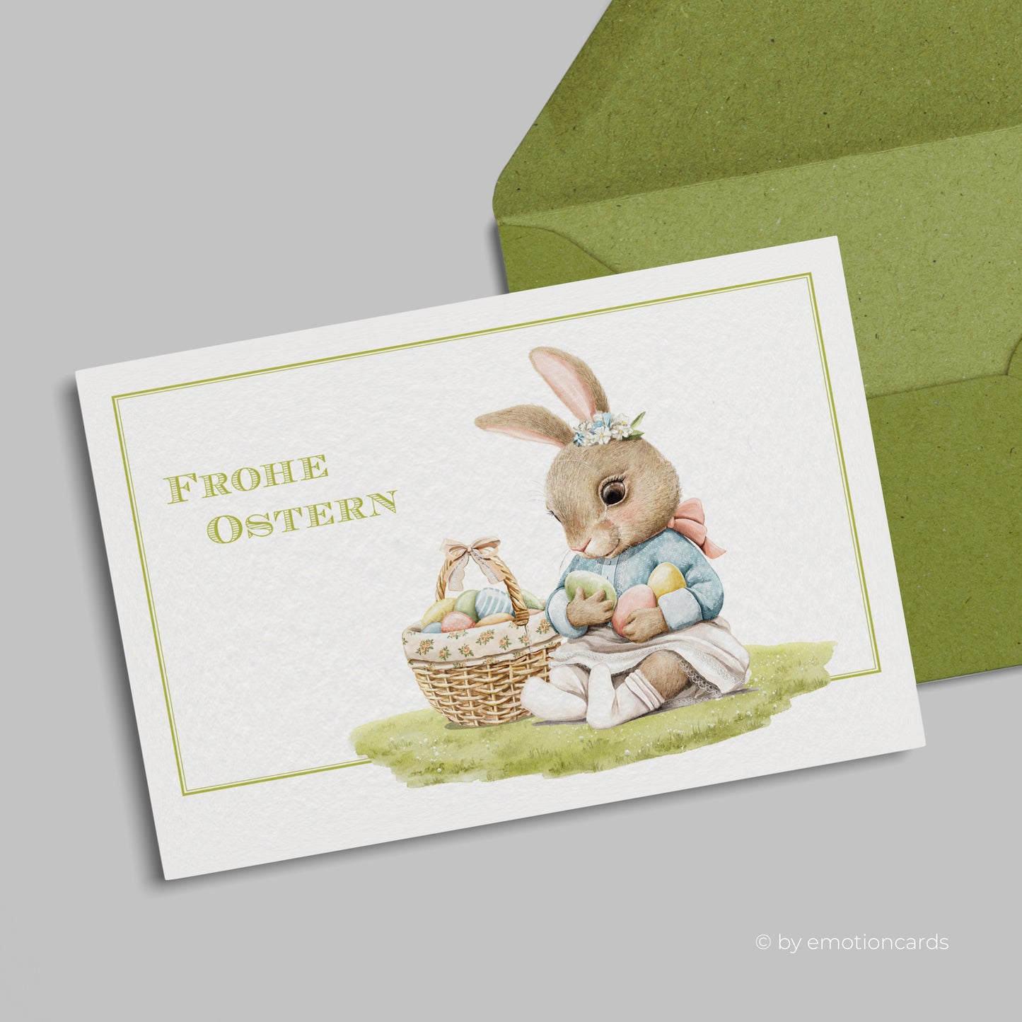 Süße Osterkarte (Klappkarte) | Baby Hase mit Osterkorb und Ostereiern | Premium-Karton | Inkl. Umschlag | Große Karte (115mm x 170mm)