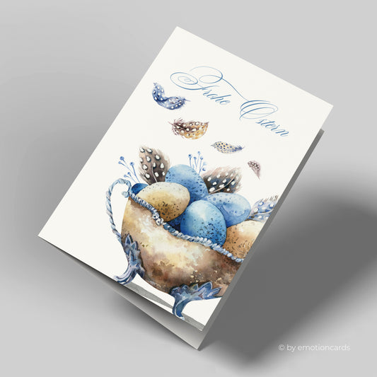 Osterkarte | Ostereier Schale mit Federn