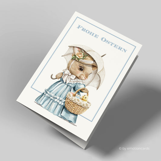 Niedliche Osterkarte (Klappkarte) | Häsin mit Schirm und Küken im Korb | Premium-Karton | Inkl. Umschlag | Große Karte (115mm x 170mm)