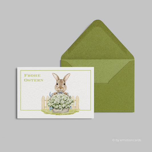 Niedliche Osterkarte (Klappkarte) | Osterhase mit Maiglöckchen | Premium-Karton | Inkl. Umschlag | Große Karte (115mm x 170mm)