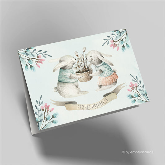 Süße Osterkarte (Klappkarte) | Zwei Hasen mit Weidenkätzchenkorb | Premium-Karton | Inkl. Umschlag | Große Karte (115mm x 170mm)