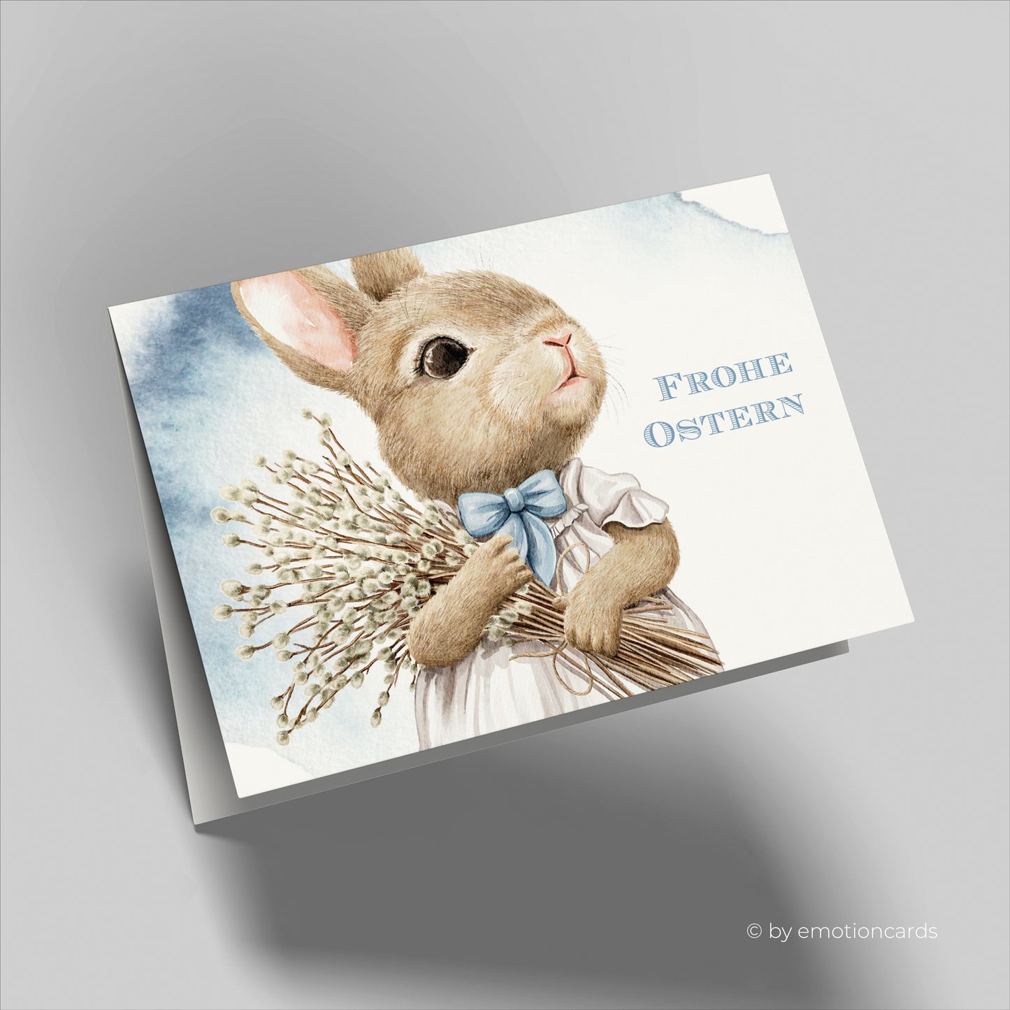 Süße Osterkarte (Klappkarte) | Hase hält Weidenkätzchen Strauß im Arm | Premium-Karton | Inkl. Umschlag | Große Karte (115 mm x 170 mm)