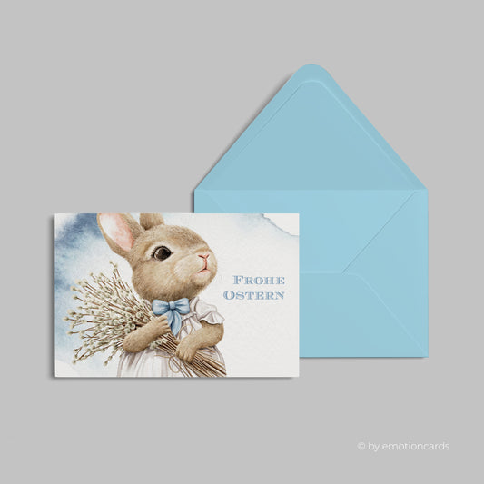 Süße Osterkarte (Klappkarte) | Hase hält Weidenkätzchen Strauß im Arm | Premium-Karton | Inkl. Umschlag | Große Karte (115 mm x 170 mm)