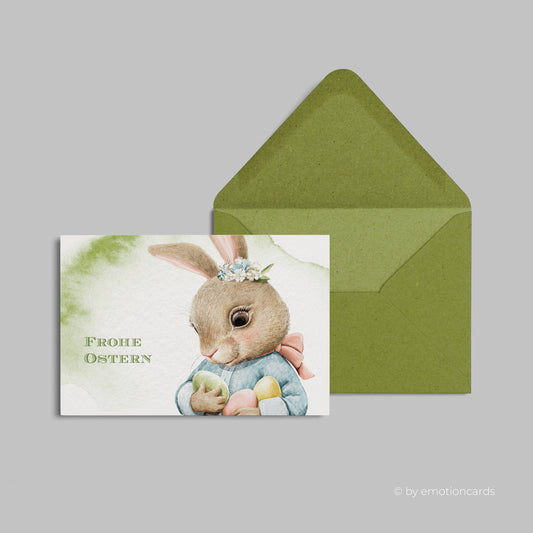 Niedliche Osterkarte (Klappkarte) | Süßer Babyhase mit Ostereiern | Premium-Karton | Inkl. Umschlag | Große Karte (115mm x 170mm)