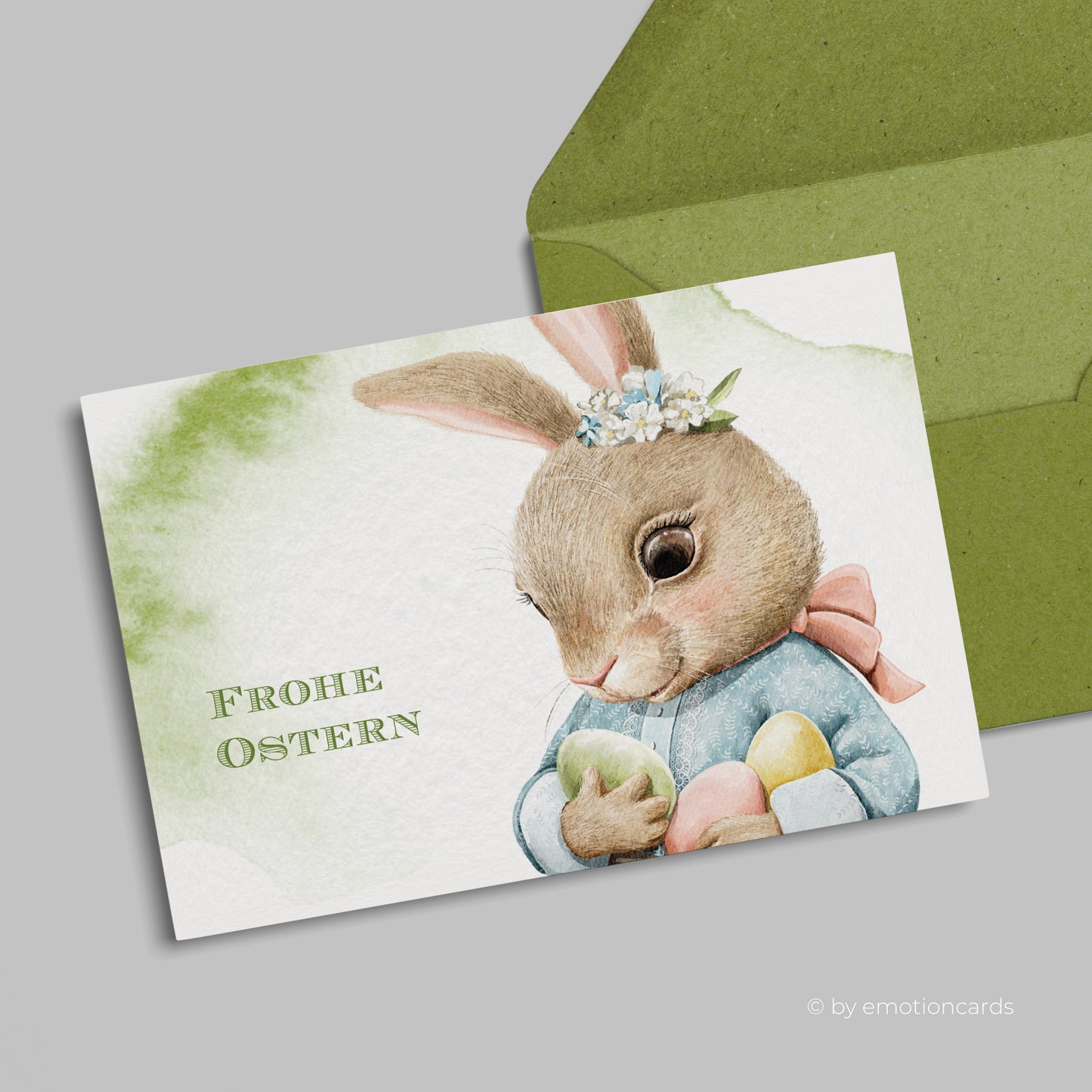 Niedliche Osterkarte (Klappkarte) | Süßer Babyhase mit Ostereiern | Premium-Karton | Inkl. Umschlag | Große Karte (115mm x 170mm)