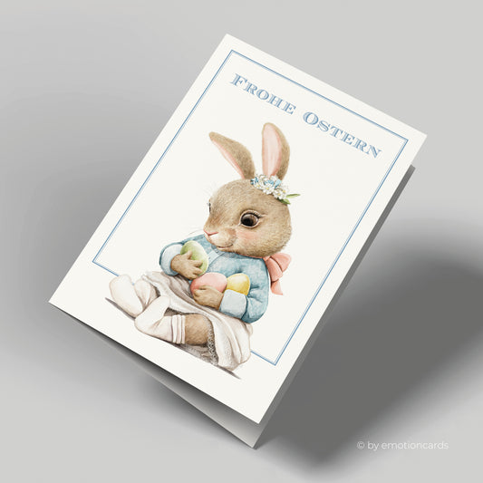 Niedliche Osterkarte (Klappkarte) | Kleiner Babyhase mit Ostereiern | Premium-Karton | Inkl. Umschlag | Große Karte (115mm x 170mm)