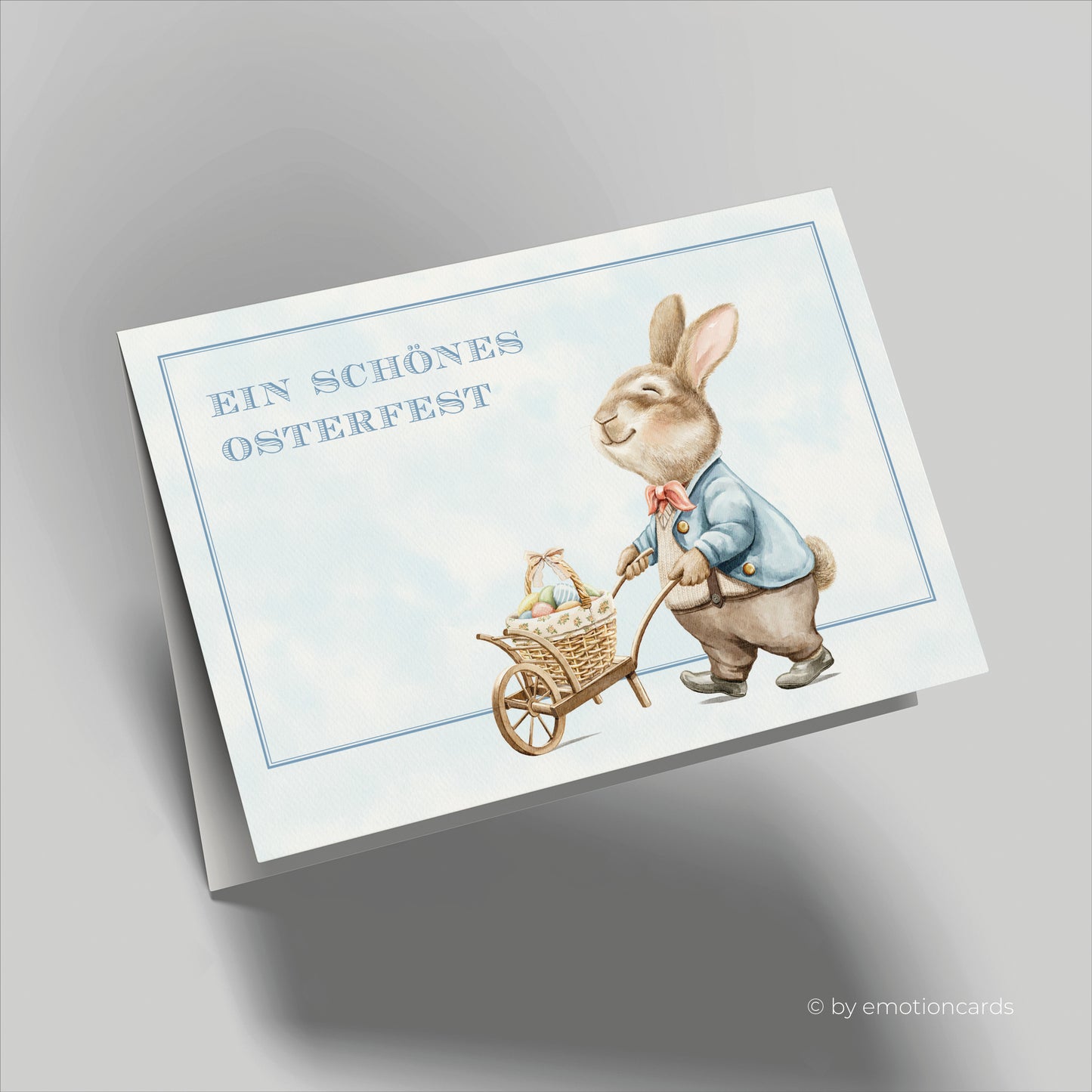 Niedliche Osterkarte (Klappkarte) | Hase mit Schubkarre und Osterkorb | Premium-Karton | Inkl. Umschlag | Große Karte (115mm x 170mm)