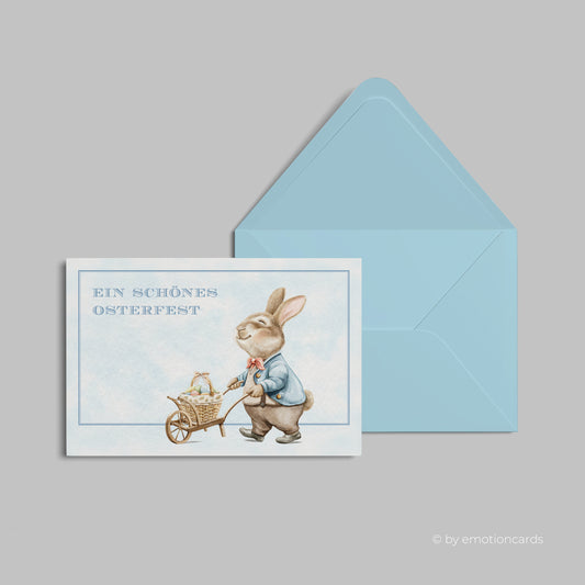 Niedliche Osterkarte (Klappkarte) | Hase mit Schubkarre und Osterkorb | Premium-Karton | Inkl. Umschlag | Große Karte (115mm x 170mm)