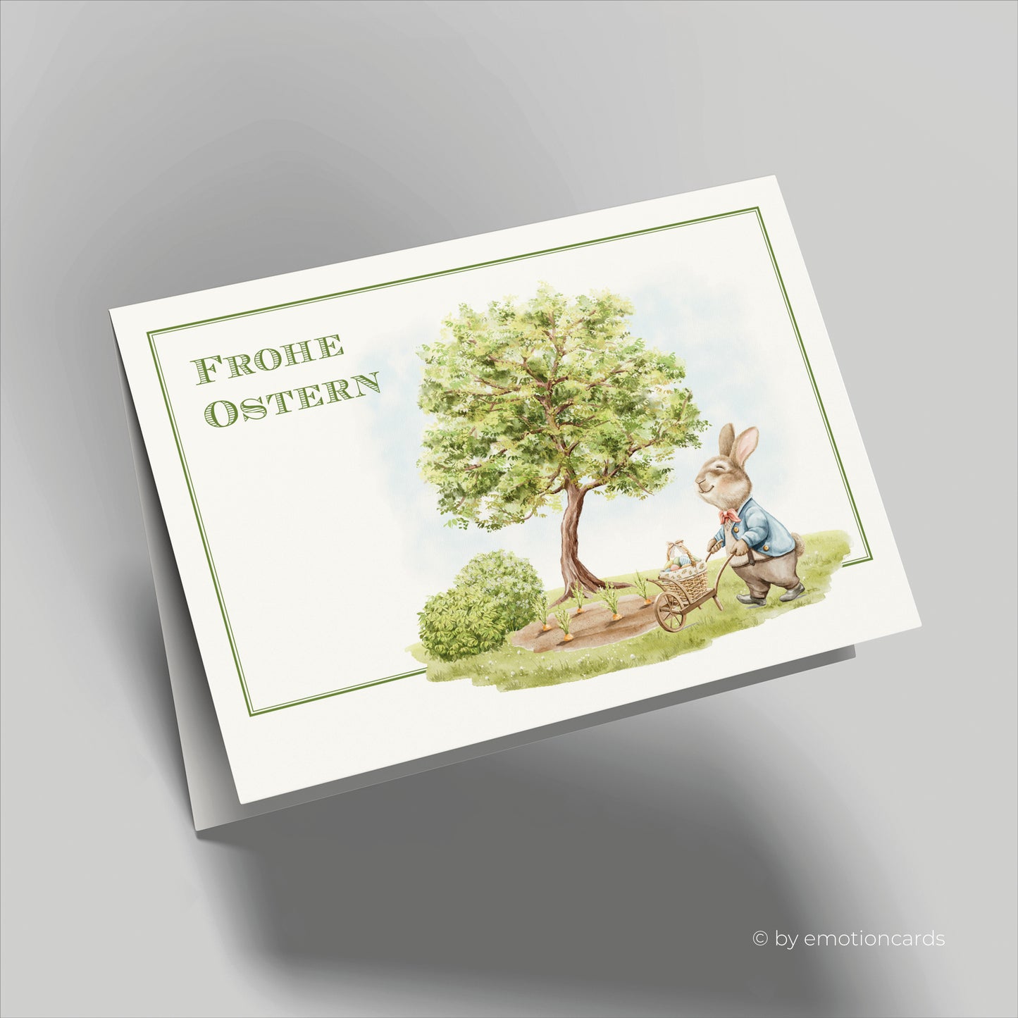 Süße Osterkarte (Klappkarte) | Osterhase mit Schubkarre im Garten | Premium-Karton | Inkl. Umschlag | Große Karte (115mm x 170mm)