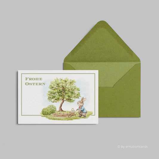 Süße Osterkarte (Klappkarte) | Osterhase mit Schubkarre im Garten | Premium-Karton | Inkl. Umschlag | Große Karte (115mm x 170mm)