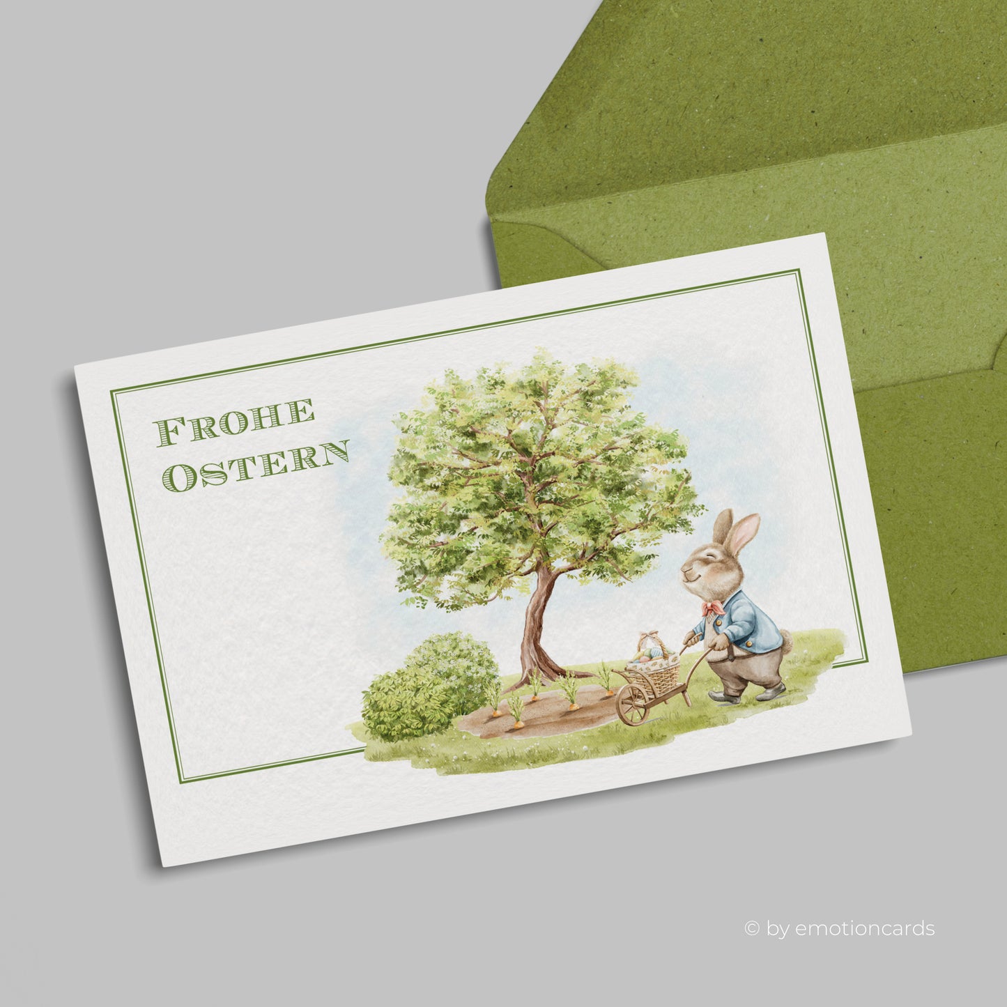 Süße Osterkarte (Klappkarte) | Osterhase mit Schubkarre im Garten | Premium-Karton | Inkl. Umschlag | Große Karte (115mm x 170mm)