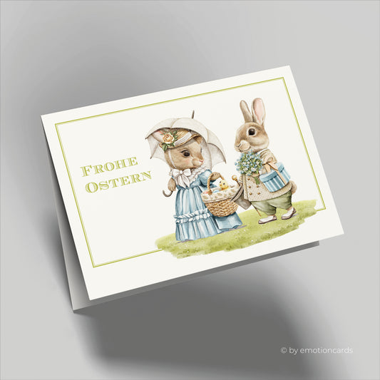Süße Osterkarte (Klappkarte) | Frohe Ostern | Hasenpaar mit Osterkorb | Premium-Karton | Inkl. Umschlag | Große Karte (115mm x 170mm)