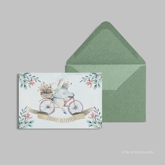 Niedliche Osterkarte (Klappkarte) | Osterhase auf Fahrrad | Premium-Karton | Inkl. Umschlag | Große Karte (115mm x 170mm)