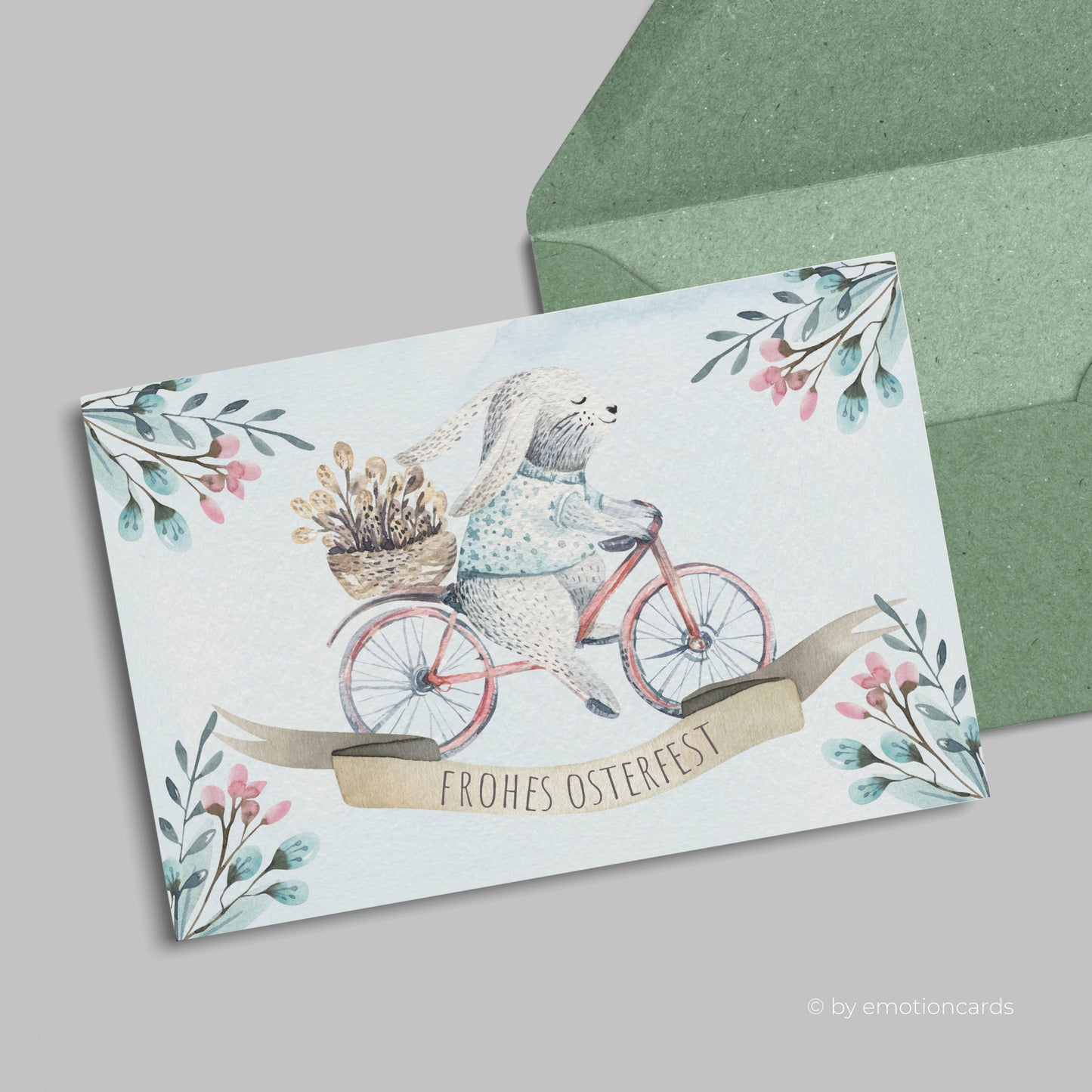 Niedliche Osterkarte (Klappkarte) | Osterhase auf Fahrrad | Premium-Karton | Inkl. Umschlag | Große Karte (115mm x 170mm)