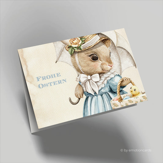 Süße Osterkarte (Klappkarte) | Hasendame mit Schirm und kleinem Küken | Premium-Karton | Inkl. Umschlag | Große Karte (115mm x 170mm)