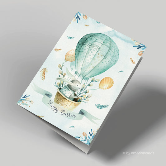Niedliche Osterkarte (Klappkarte) | Osterhase in Ballon | Premium-Karton | Inkl. Umschlag | Große Karte (115mm x 170mm)