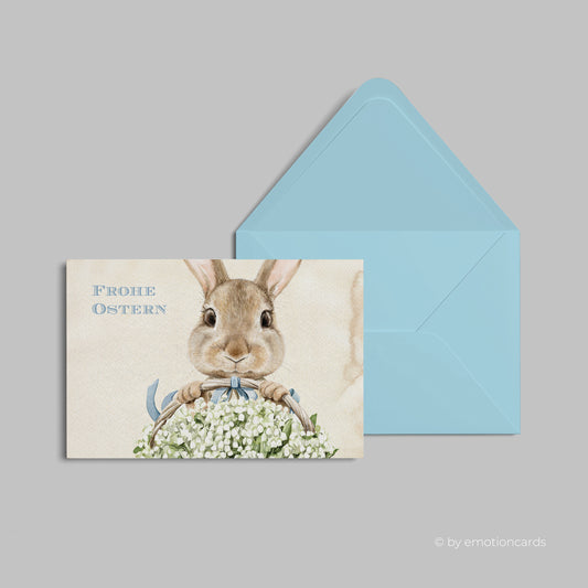 Niedliche Osterkarte (Klappkarte) | Osterhase mit Maiglöckchen | Premium-Karton | Inkl. Umschlag | Große Karte (115mm x 170mm)