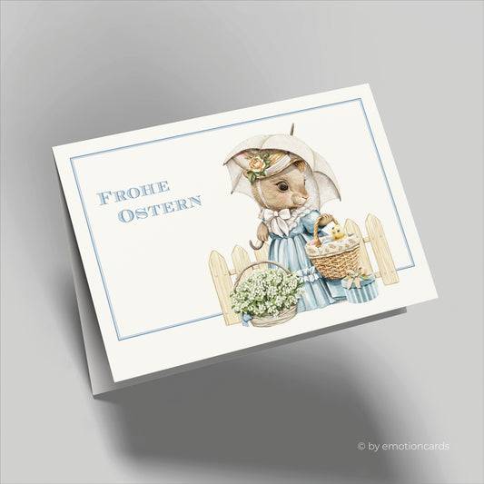 Niedliche Osterkarte (Klappkarte) | Häsin mit Osterkorb und Küken im Korb | Premium-Karton | Inkl. Umschlag | Große Karte (115mm x 170mm)