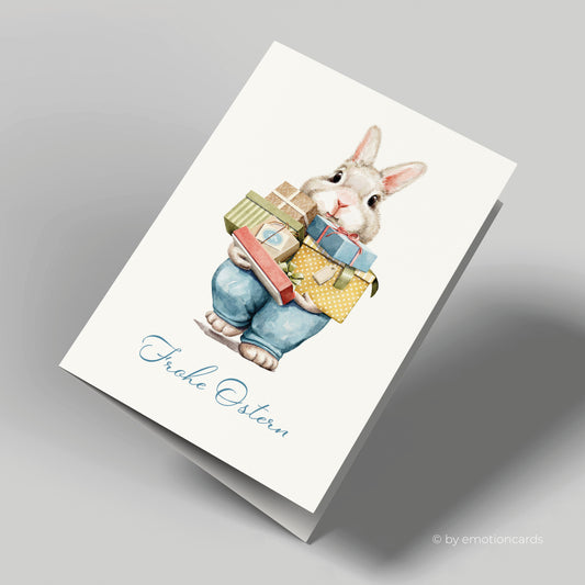 Niedliche Osterkarte (Klappkarte) | Hase trägt viele Geschenke | Premium-Karton | Inkl. Umschlag | Große Karte (115mm x 170mm)