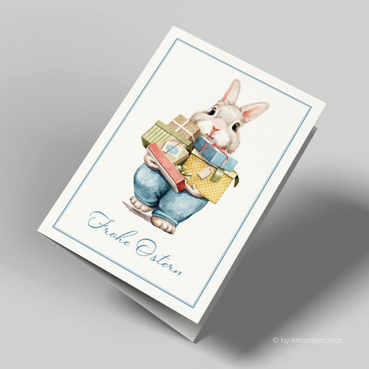 Niedliche Osterkarte (Klappkarte) | Hase trägt viele Geschenke | Premium-Karton | Inkl. Umschlag | Große Karte (115mm x 170mm)