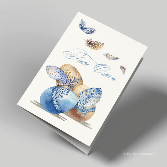 Schöne Osterkarte (Klappkarte) | Drei Ostereier mit fliegenden Federn | Premium-Karton | Inkl. Umschlag | Große Karte (115mm x 170mm)