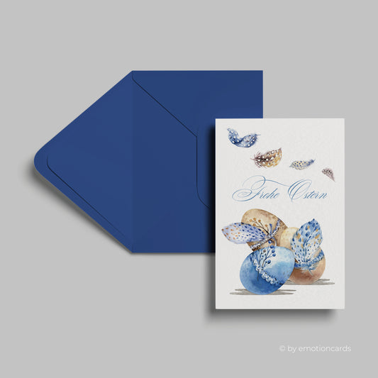 Schöne Osterkarte (Klappkarte) | Drei Ostereier mit fliegenden Federn | Premium-Karton | Inkl. Umschlag | Große Karte (115mm x 170mm)