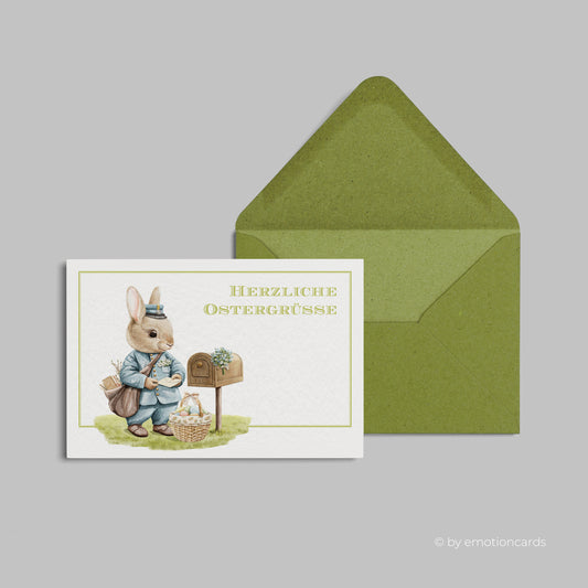 Schöne Osterkarte (Klappkarte) | Osterhase bringt Osterpost | Premium-Karton | Inkl. Umschlag | Große Karte (115mm x 170mm)