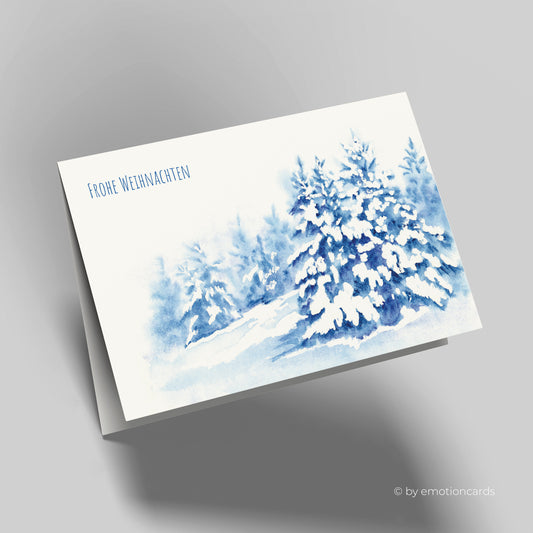 Weihnachtskarte | Verschneiter Winterwald in blau