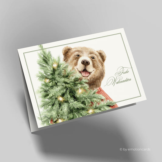 Weihnachtskarte | Fröhlicher Bär mit Weihnachtsbaum