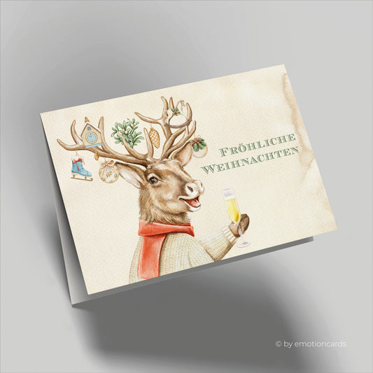 Weihnachtskarte | Lustiger Hirsch mit Champagnerglas